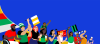 Blauer Hintergrund mit internationaler Menschengruppe - Fans schwingen Fahnen